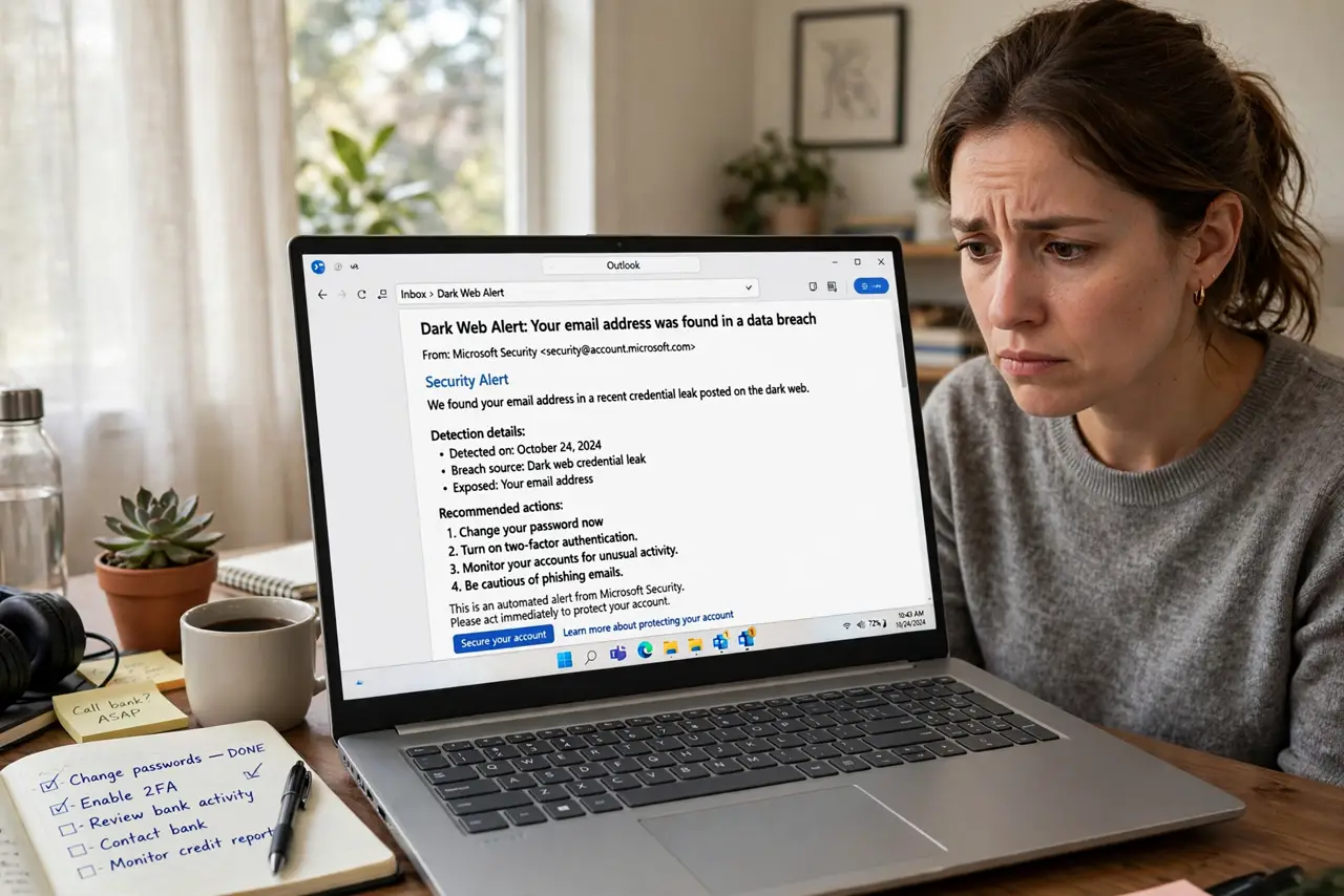 Photoreal photo: a person at a desk with a real laptop showing a legible dark-web alert email, the person's face concerned but calm, a notebook with a checklist beside, home office. No black screen, no blank white screen, no fake or g