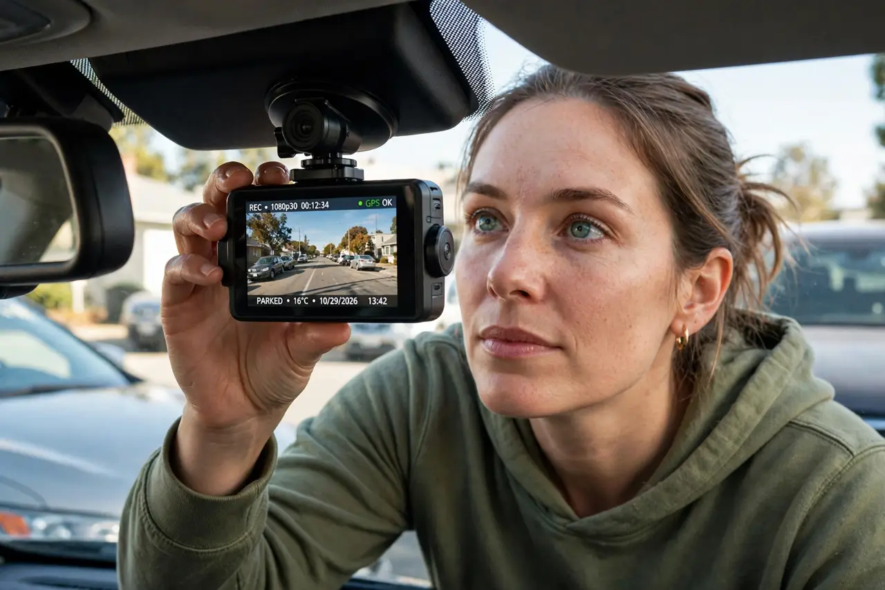 a person mounting a real dash cam behind a car windshield, the camera's legible screen showing the road view, the person's face practical, parked car.