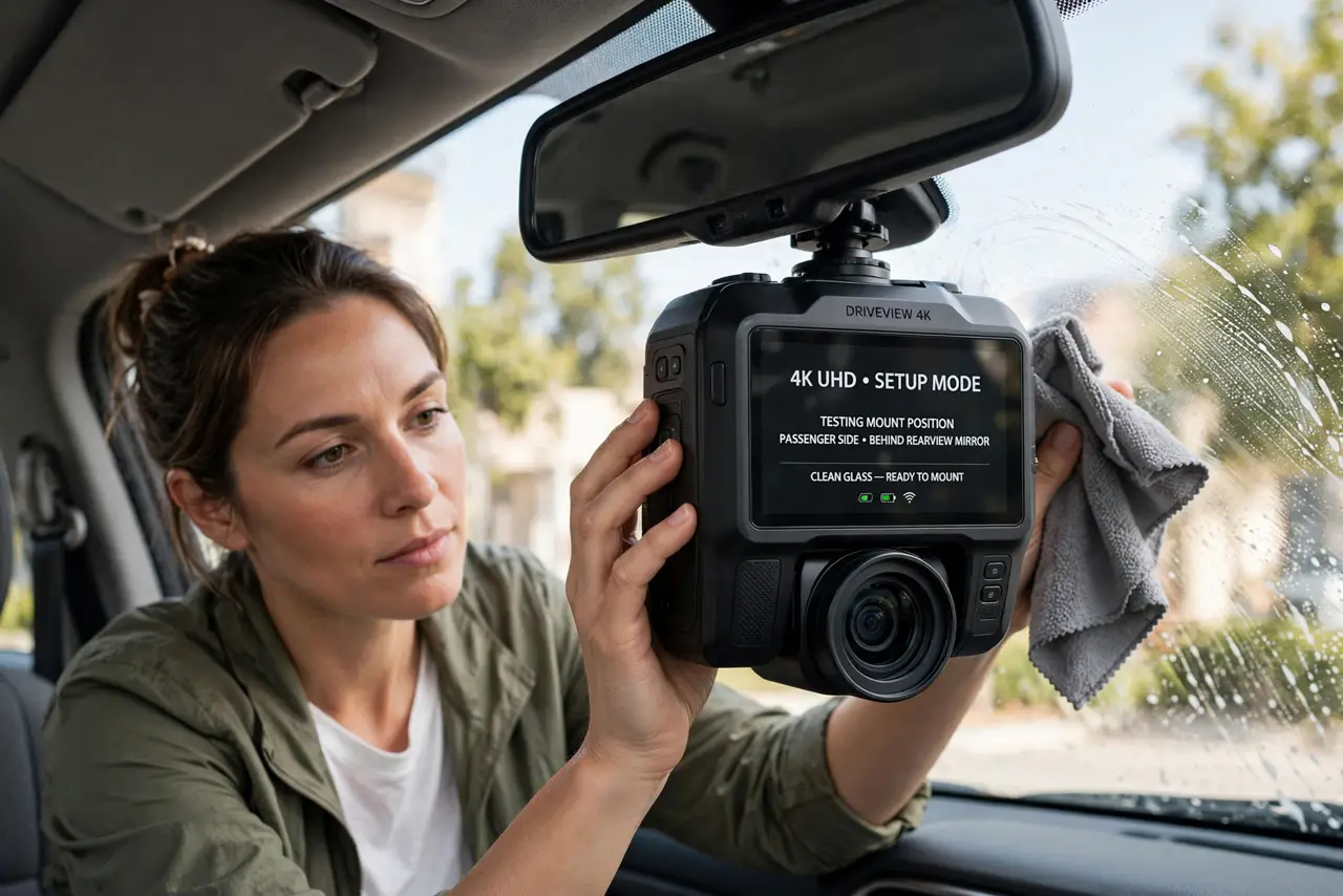 Photoreal photo of a person performing the first step: Choose the mounting spot. Behind the rearview mirror, on the passenger side — hidden from your