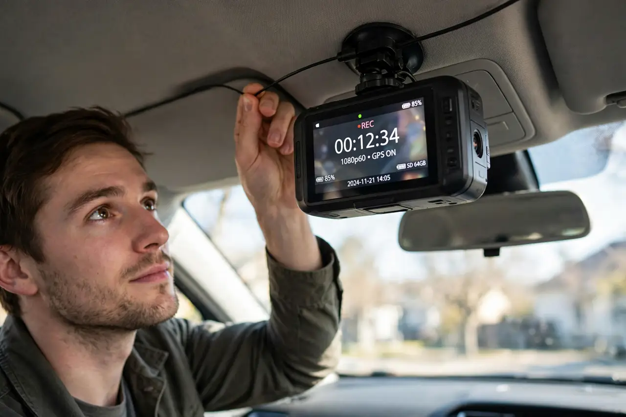 Photoreal photo: a person tucking a thin dashcam cable along a real car's windshield headliner, the dashcam mounted behind the rearview mirror with a legible recording screen, the person's face concentrated, car interior daylight. No