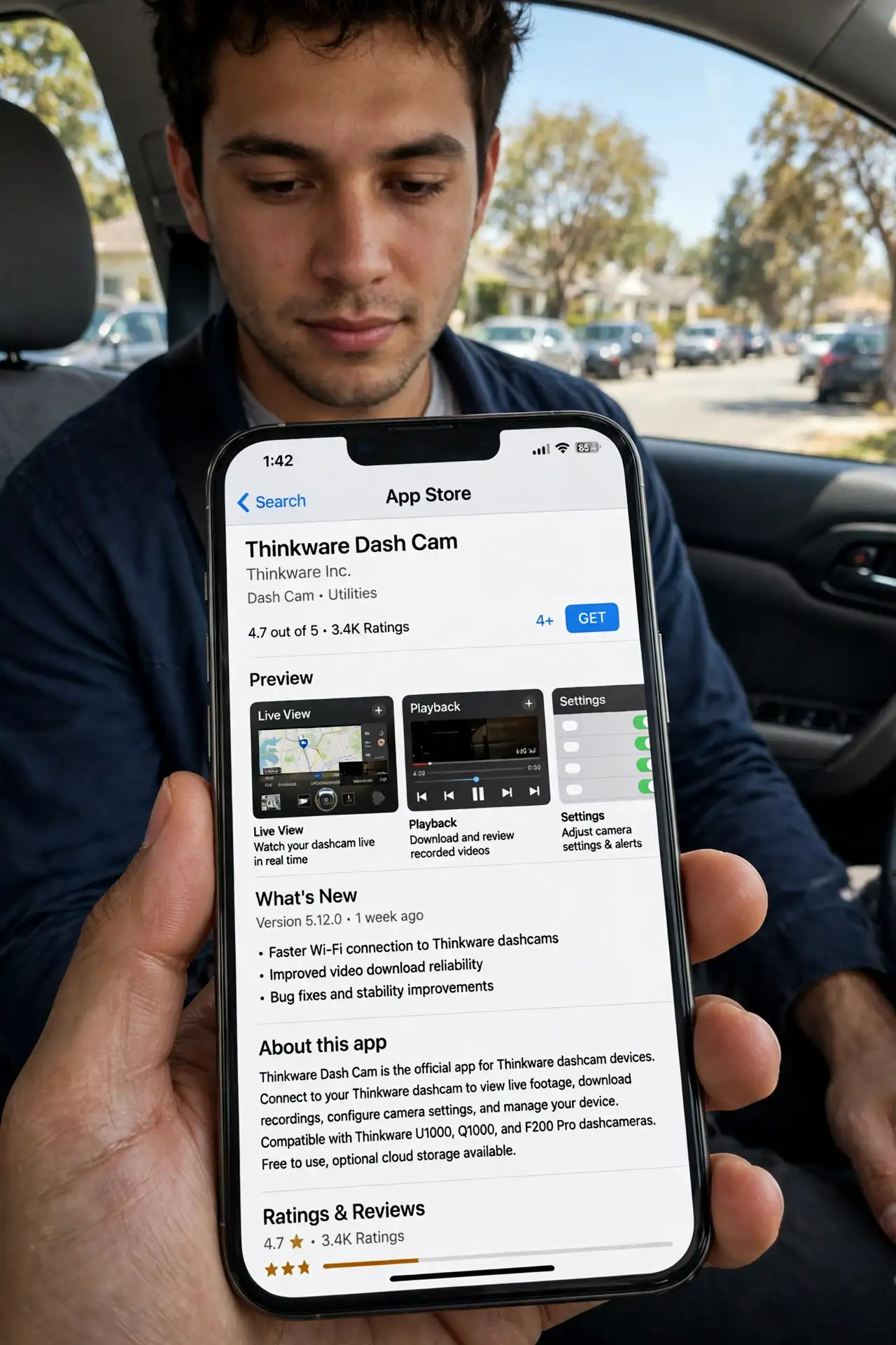 Photoreal photo of a person performing the first step: Install the dashcam maker's own app. Download the app from the dashcam brand's site or your ...