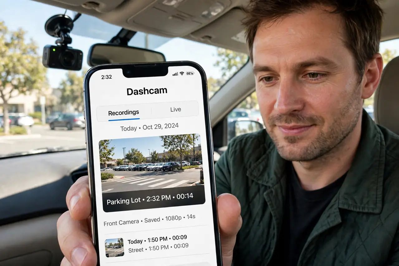 Photoreal photo: a person sitting in a parked car holding a real iPhone showing a dashcam app with a legible video thumbnail, a real dashcam mounted on the windshield, the person's face focused, daylight. No black ...