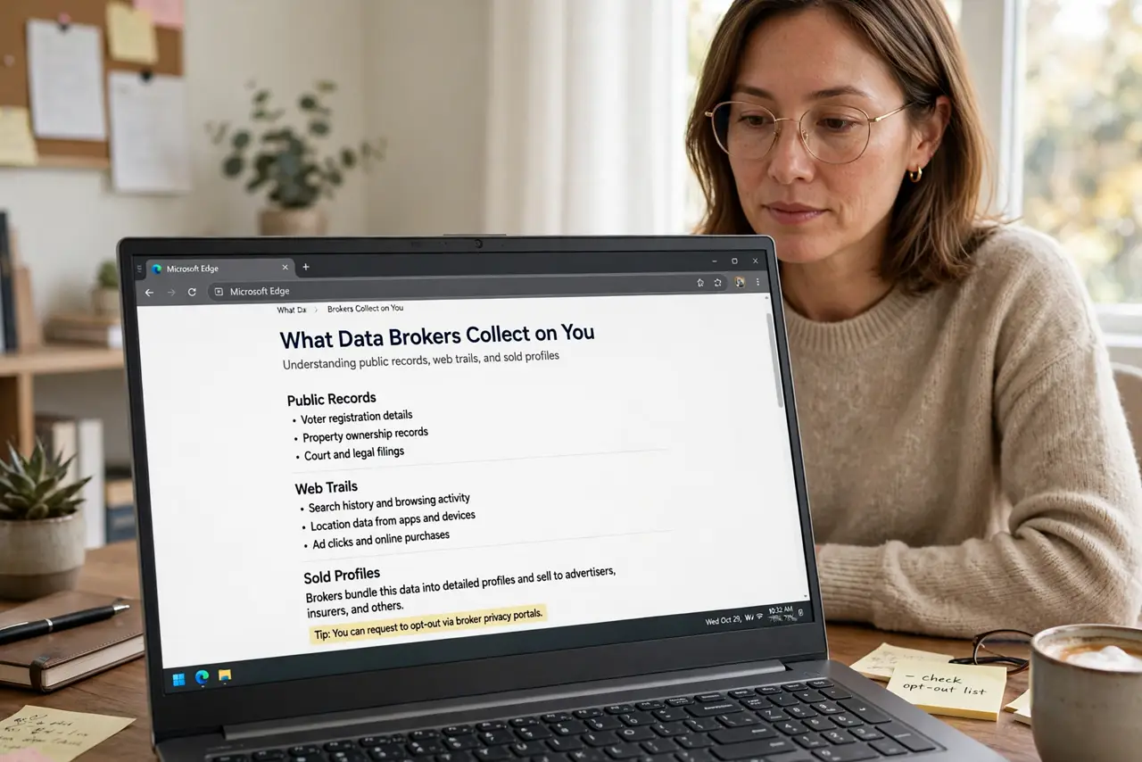 A person performing the first step: Understand what brokers collect. Public records, purchase histories, and web trails.