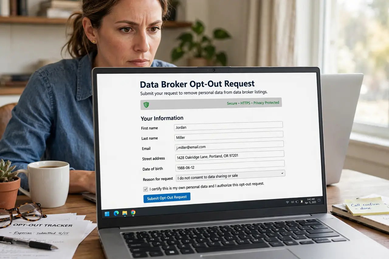 An adult at a laptop on a real data broker opt-out page with legible form fields, the person's face determined, home