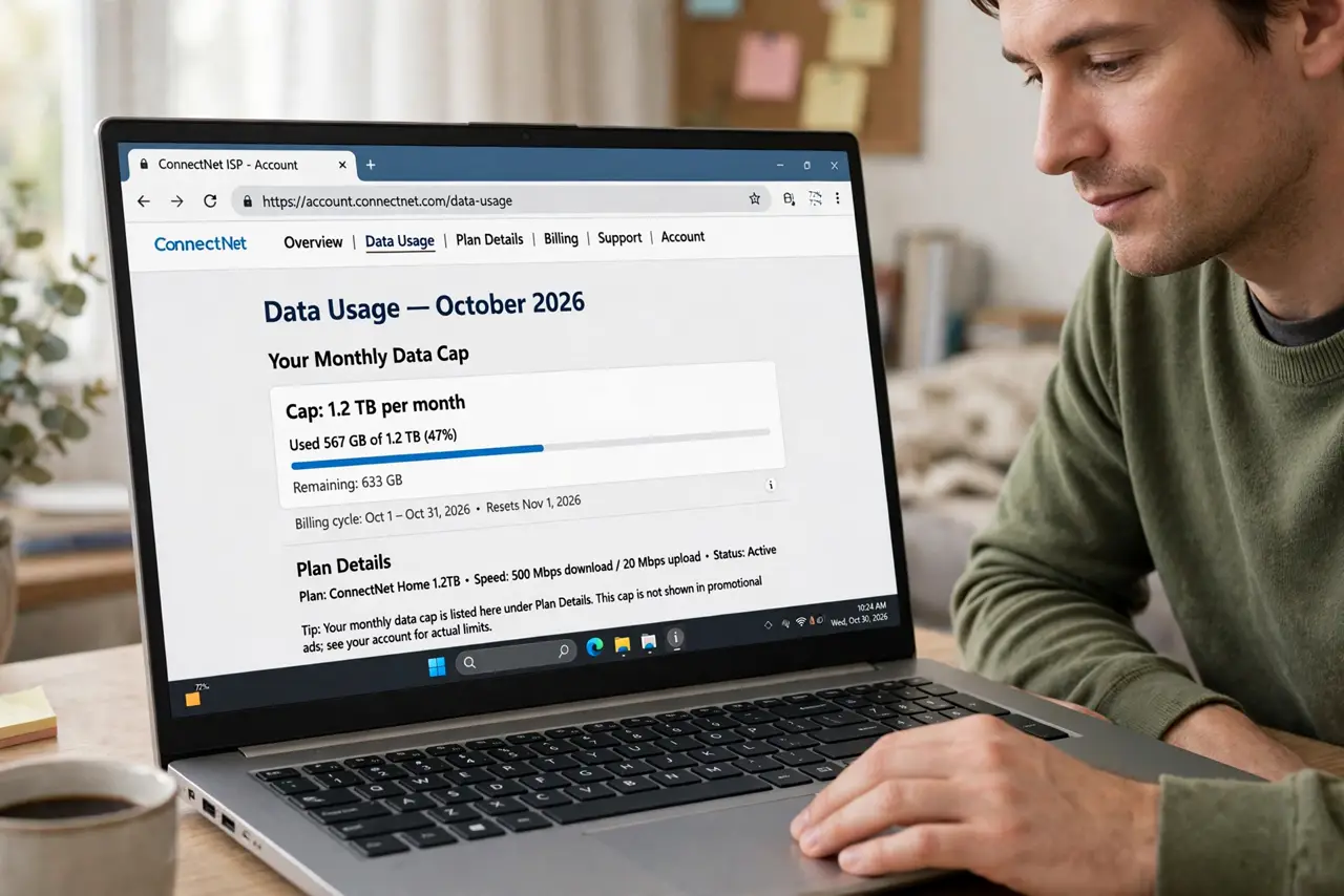 A person performing step 1: Find your actual cap. Log into your ISP account and look for data usage or plan details — the cap is listed th.