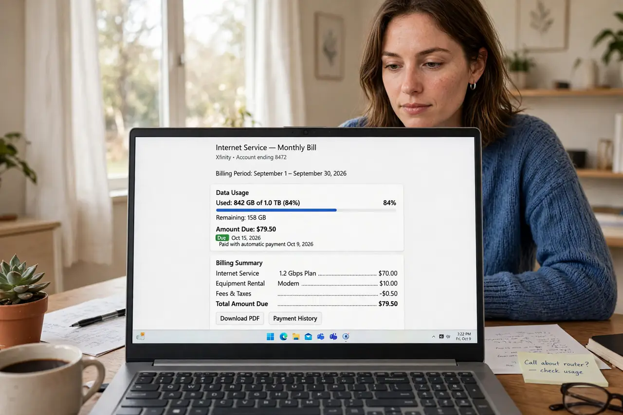 A person at a desk looking at a real internet bill on a laptop screen with usage figures legible, the person's face surprised then focused, home office.