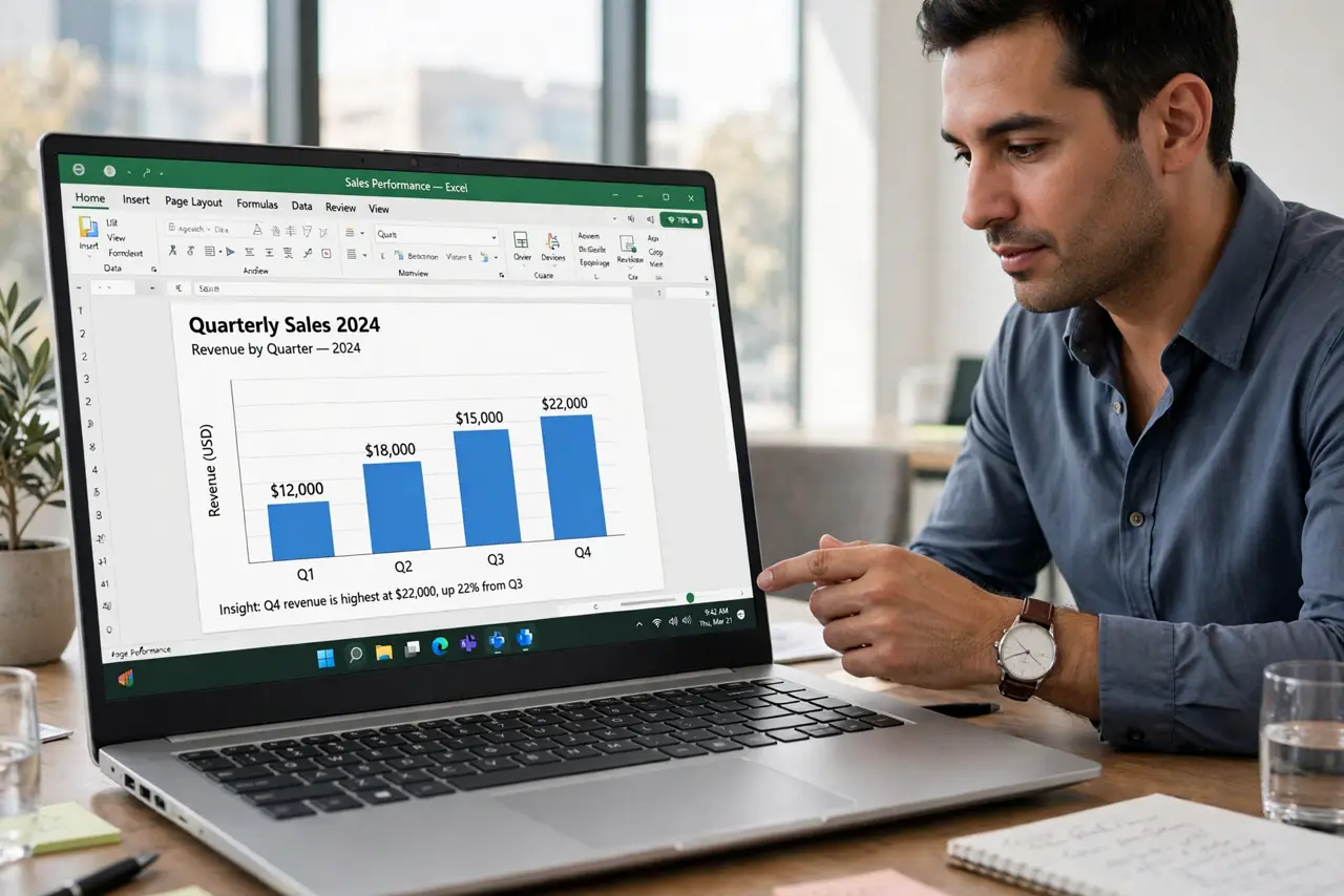 a person presenting a real laptop screen showing a clean simple bar chart with legible labels, the person's face confident, bright meeting room.