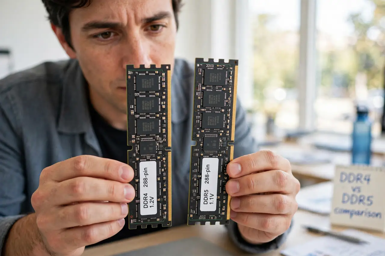 A person holding a real DDR4 RAM stick and a real DDR5 RAM stick side by side showing the different notch positions