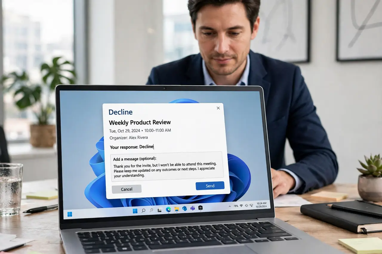 A person at a desk declining a calendar invite on a real laptop with the decline dialog and a polite message legible on screen, the person's face calm.