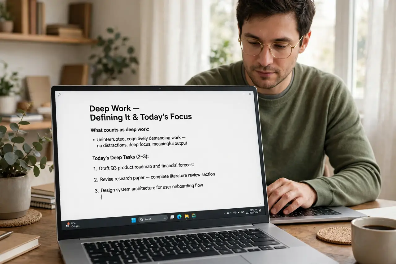 Photoreal photo of a person performing the first step: Define what counts as deep work for you. Writing, coding, designing, analyzing — work that n...