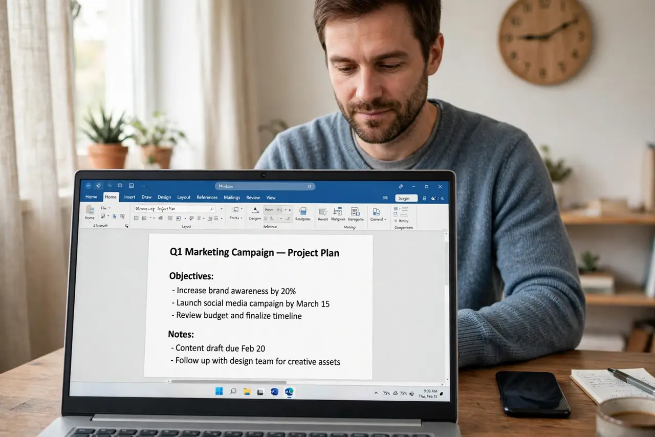 Photoreal photo: a person working deeply on a real laptop with a single document open and legible, phone face-down beside them, a wall clock showing morning hours, the person's face calm and absorbed, quiet home of...
