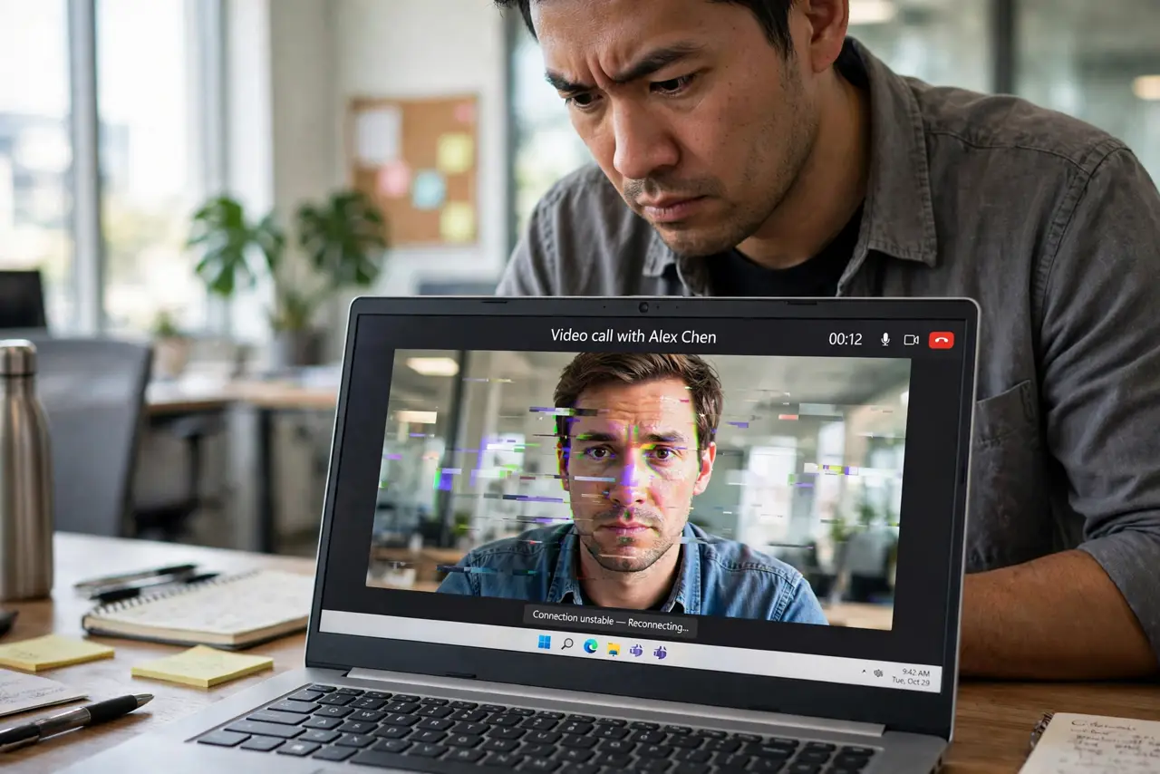A suspicious employee staring at a real laptop showing a video call with a slightly glitchy face fully visible, the person's expression doubtful, office.