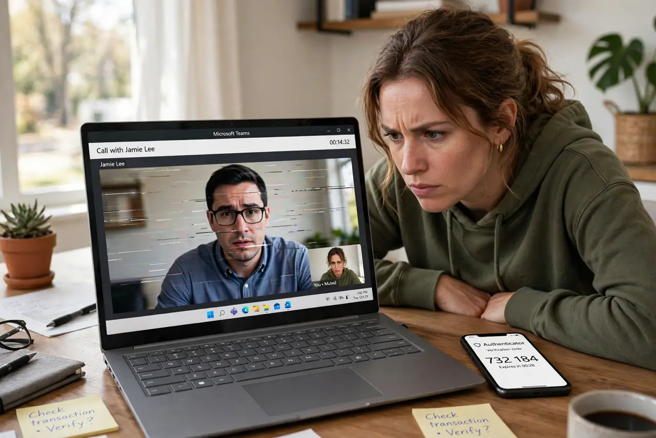 Photoreal photo: a person on a real video call on a real laptop, the screen showing a slightly glitchy video feed with the person looking skeptical and leaning in, a phone beside them ready to verify, home office. ...