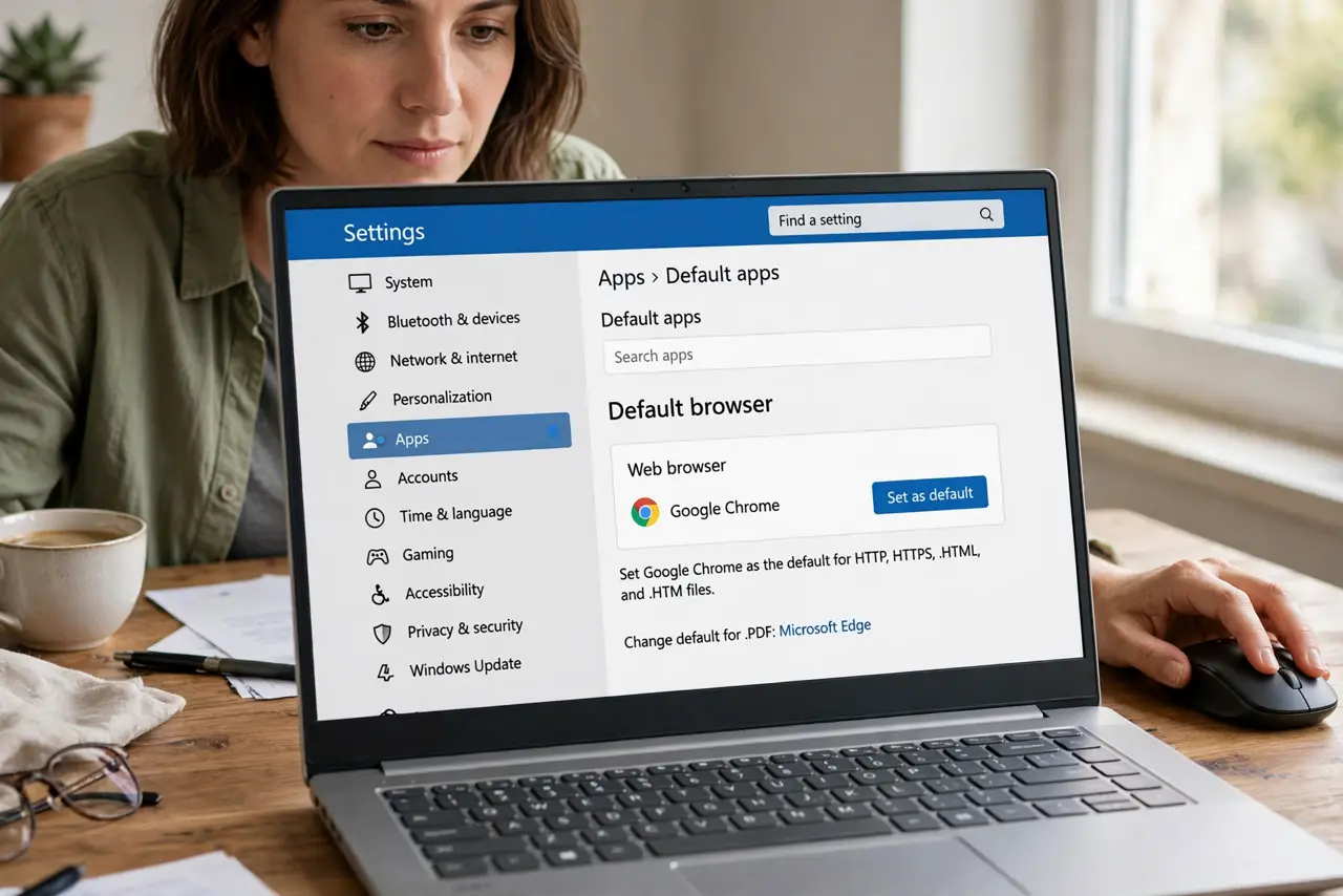 An adult setting the default browser in Windows Default apps settings.