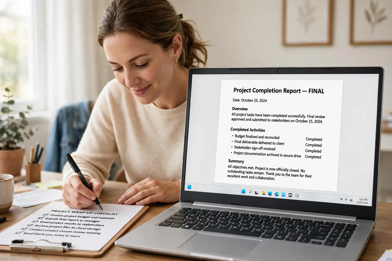 A person checking off items on a real printed checklist beside a real laptop showing a legible completed document, the person's face satisfied and relieved, bright home office.