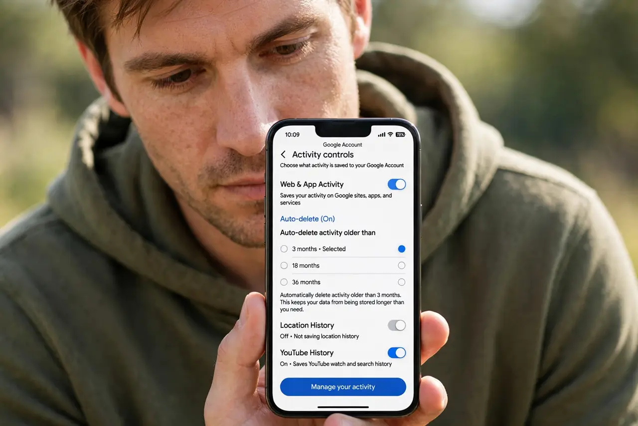 Auto-Delete Your Google Activity — a privacy-minded adult looking at a real phone showing Google activity controls with auto-delete options, the