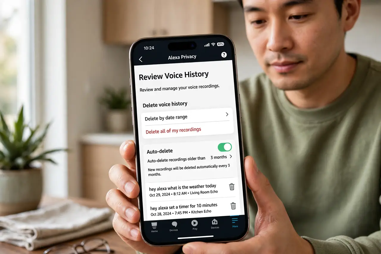 A person performing step 1: Delete Alexa voice history. Open the Alexa app > More > Activity & Privacy > Review Voice History. Delete by d.