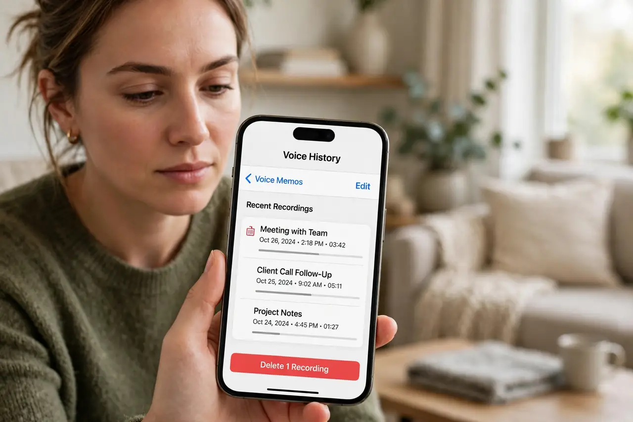 A person reviewing voice history on a real phone showing a list of past voice recordings with delete options, the person's face serious and focused, living room.