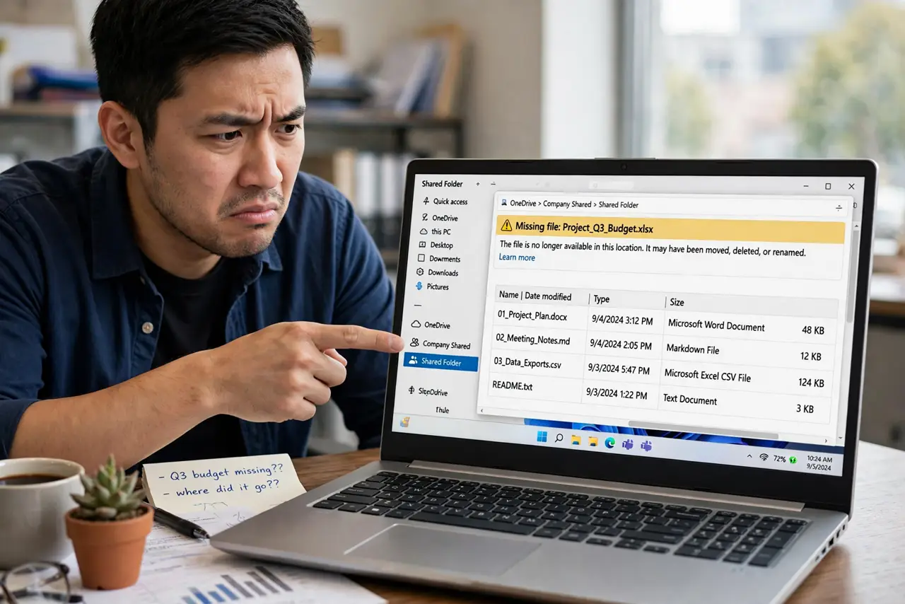 Who Deleted That Shared File — a mildly annoyed adult at a desk pointing at a real laptop screen showing a shared folder with a missing file