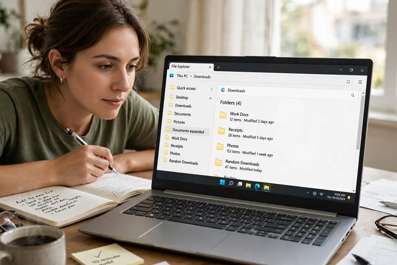 A person performing step 1: Audit the mess first. Spend ten minutes looking at where your files actually are. The clusters you see — work .