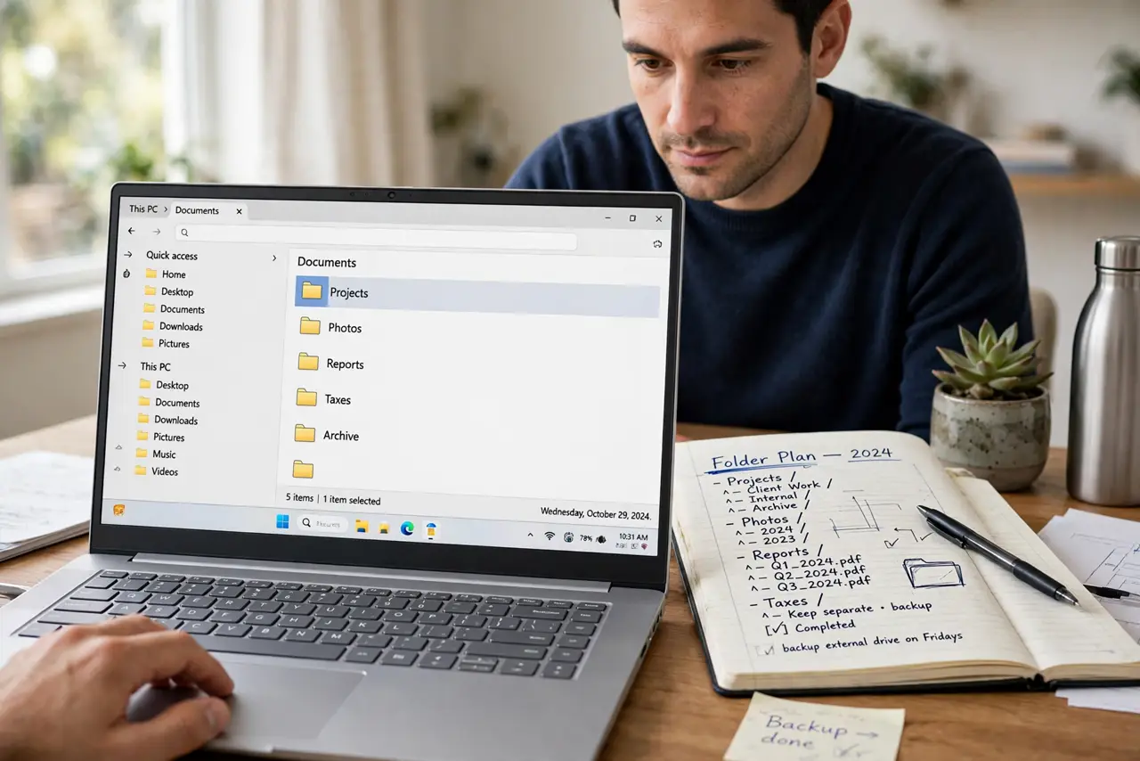 A person organizing files on a real laptop, the screen showing a legible clean folder tree with a few clear top-level folders, a notebook with a sketched folder.