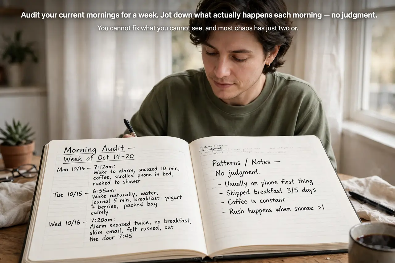 A person performing step 1: Audit your current mornings for a week. Jot down what actually happens each morning — no judgment. You cannot .