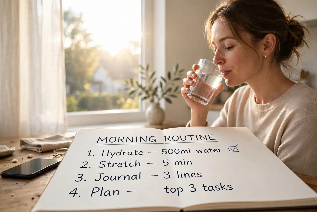 A person in the morning calmly drinking water by a bright window with a notebook open showing a short routine list, phone face-down on the table, the person's.