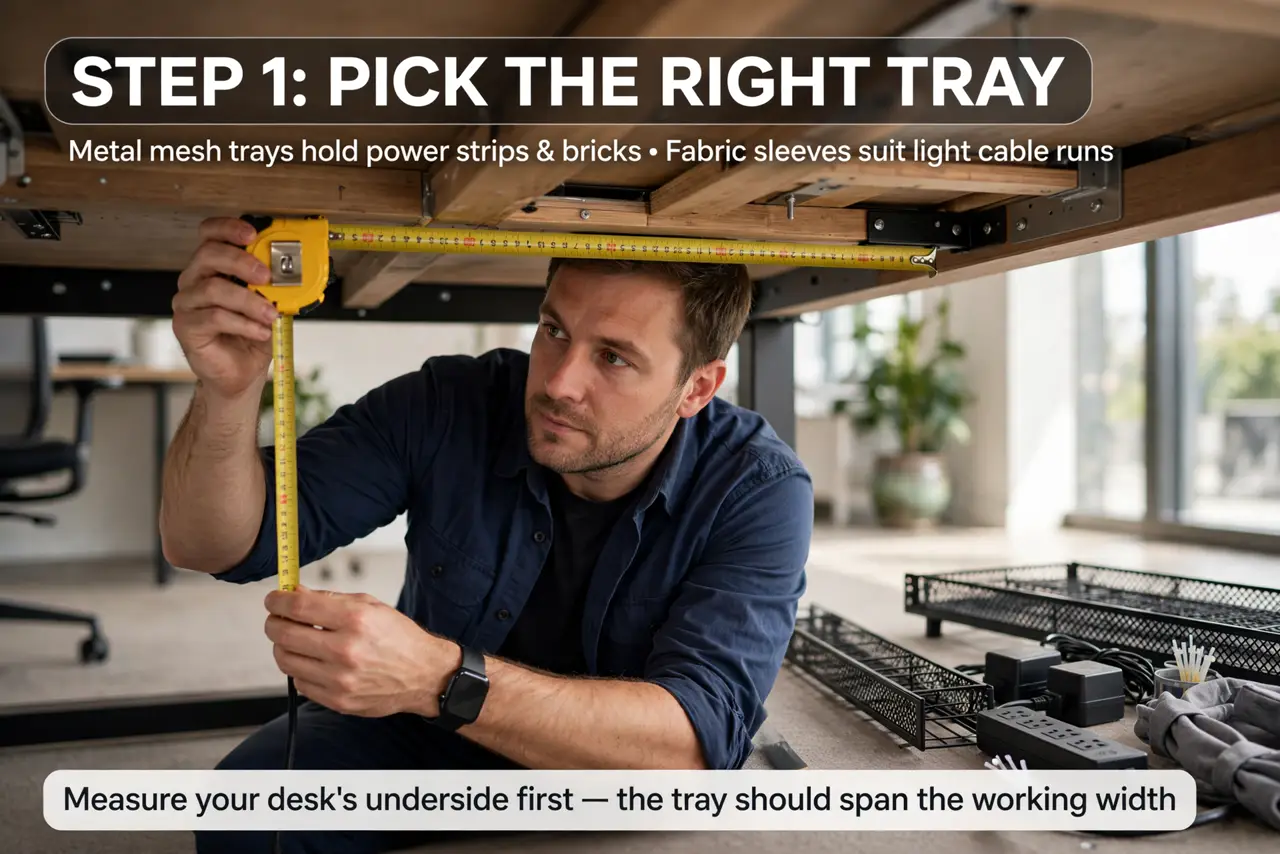 A person performing the first step of the guide: Pick the right tray.