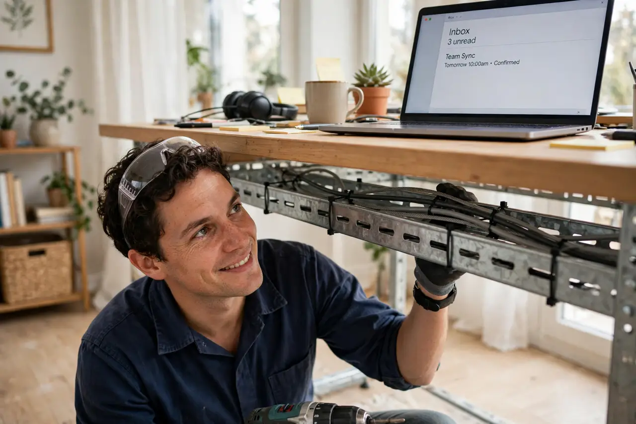 a person mounting a real metal cable tray under a real desk, cables neatly routed inside it, the person's face satisfied, bright home office.