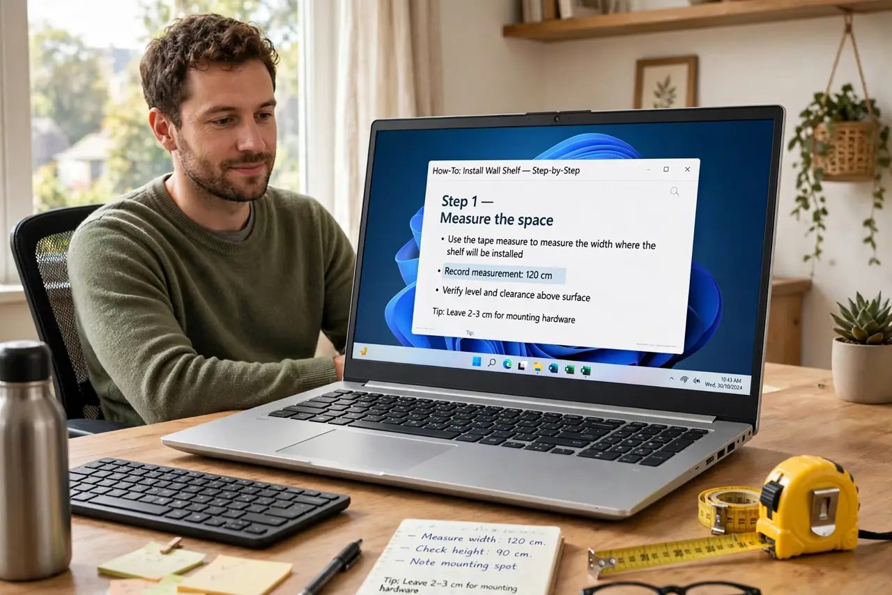 a person sitting at a real desk with a monitor at eye level, keyboard and chair positioned correctly, a tape measure visible on the desk, the person's face c...