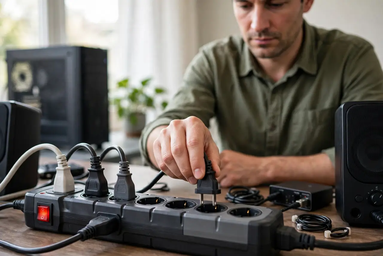 A person performing step 1: Share one power strip.