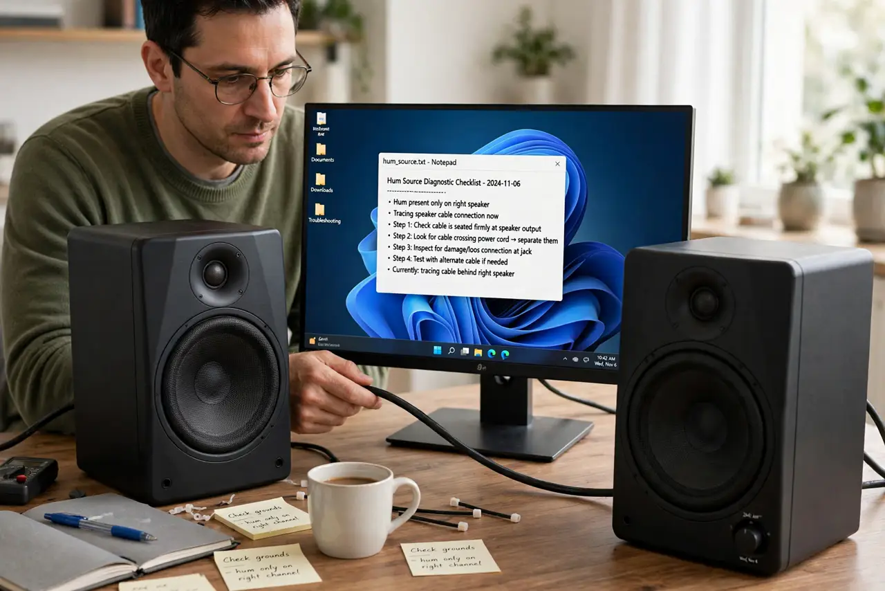 A calm adult at a desk tracing a real speaker cable behind two humming desk speakers, the computer screen showing a normal desktop with legible text, the person focused.