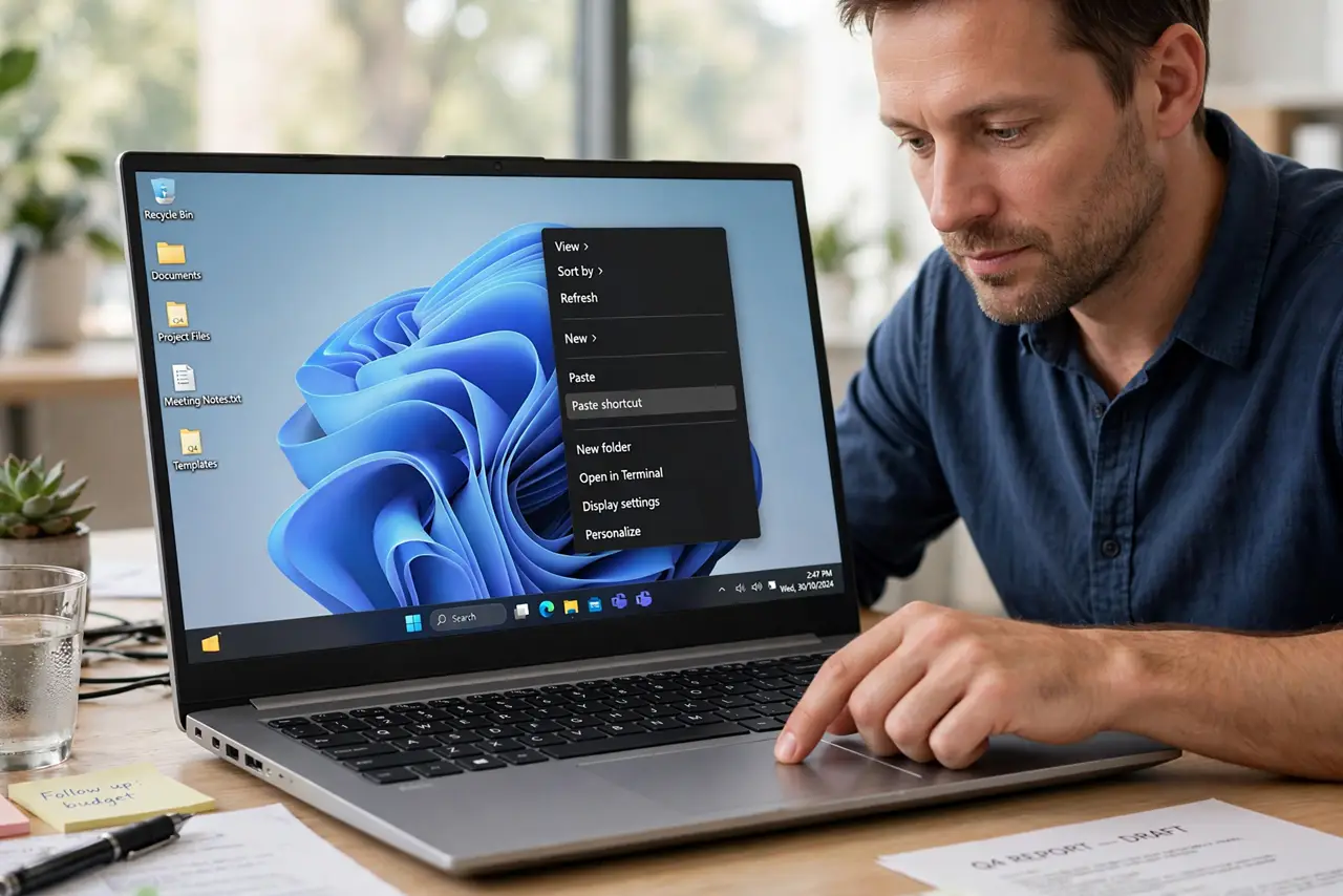 A focused man right-clicks the Windows desktop to open the context menu.