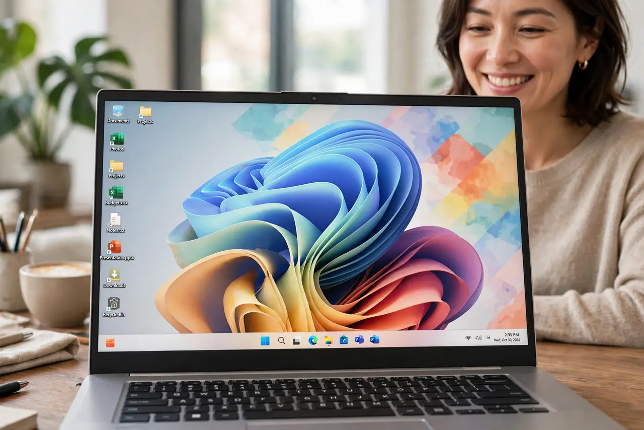A relaxed woman views a colorful desktop wallpaper on a Windows laptop.
