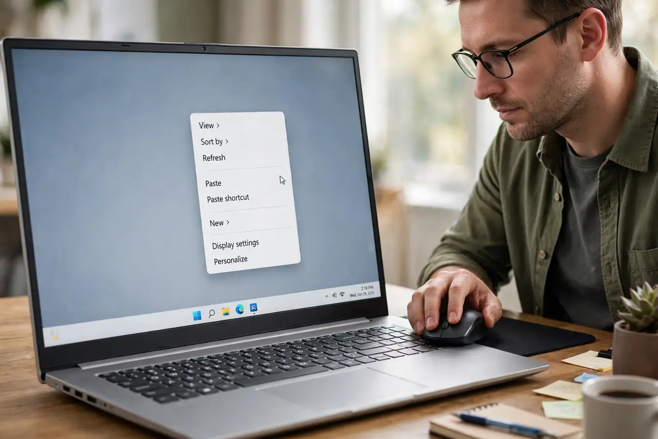 An adult right-clicking the desktop to turn off Auto arrange icons.