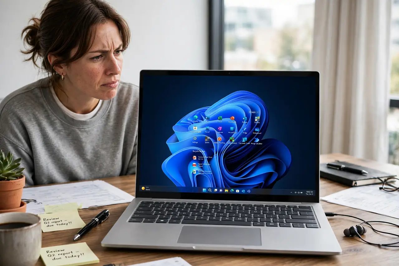 An annoyed adult looking at a Windows desktop where icons moved on their own.