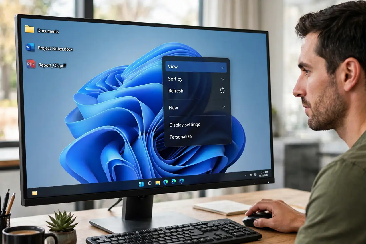 Calm adult right-clicking the Windows desktop to open the View menu and re-enable Show desktop icons