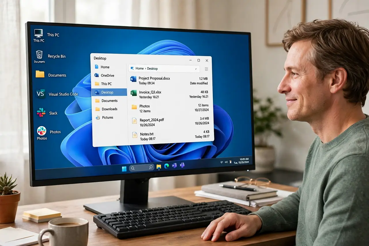 Calm adult at a desk with a Windows 11 desktop showing icons and File Explorer open on the Desktop folder
