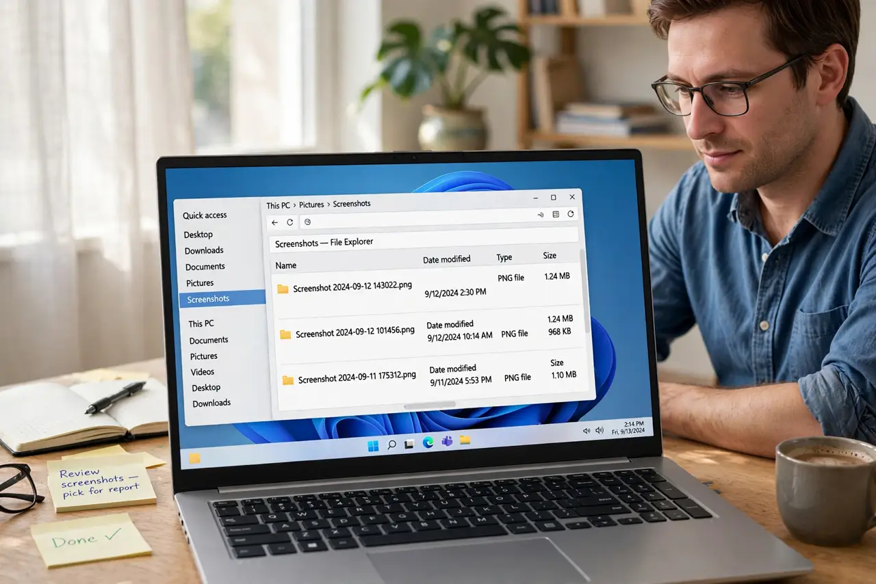 a calm adult at a desk with a real Windows laptop showing a desktop on the real screen with screenshot files visible, names legible. No black screen, no blank w