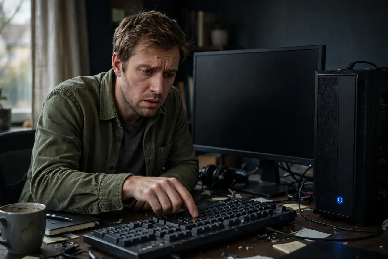 A calm adult pressing a key on a real keyboard in front of a dark desktop monitor, the computer tower visible with its power light on, the person looking puzzled.