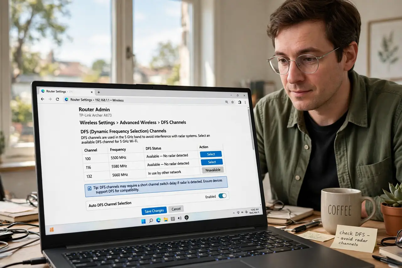 a person looking at a real router's settings page on a laptop showing DFS channel options with legible text, a window with sky visible behind, the person's f...
