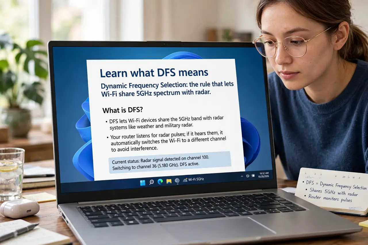 A person performing the guide's first step: Learn what DFS means. Dynamic Frequency Selection: the rule that lets Wi-Fi share 5GHz spectrum with radar. Your router listens for radar…