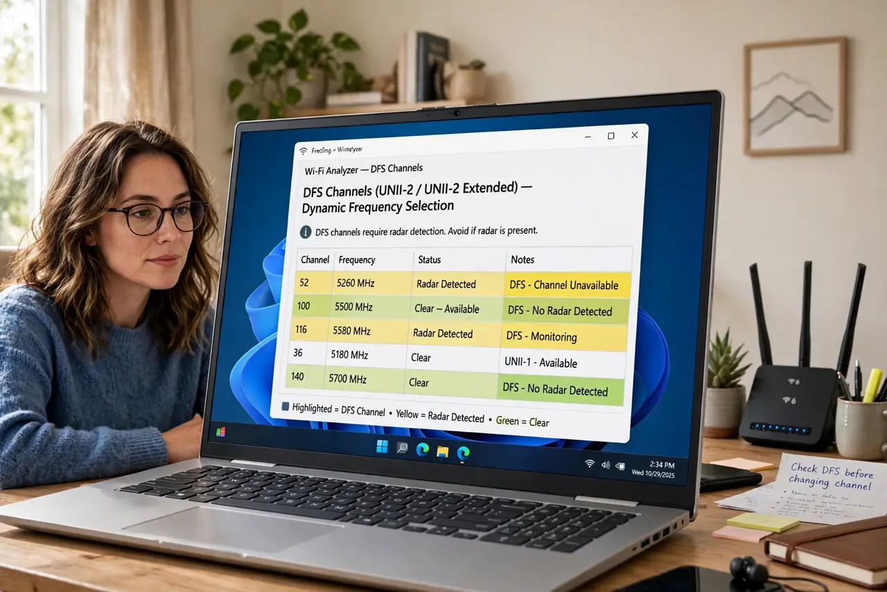 A person at a desk with a real laptop showing a Wi-Fi analyzer with legible DFS channel numbers highlighted, a router nearby, the person's face curious, home office..