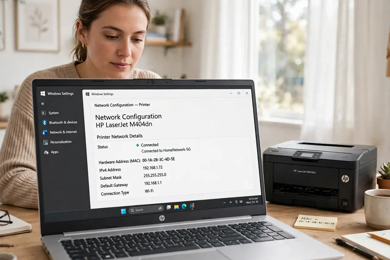 Photoreal photo of a person performing the first step: Find the printer's MAC address. Print a network configuration page from the printer's menu —...