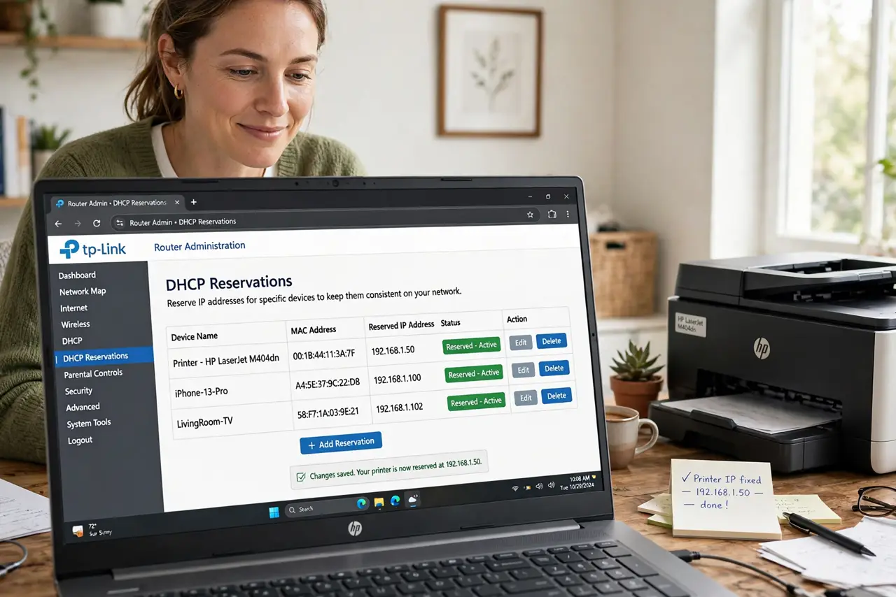 Photoreal photo: a person looking at a real router admin page on a real laptop showing DHCP reservation settings with a printer entry legible, a printer on the desk beside them, the person's face relieved, home off...