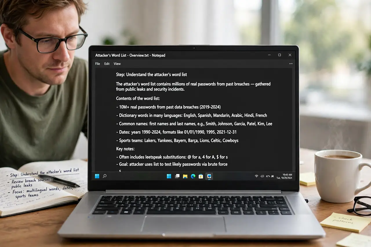 A person performing step 1: Understand the attacker's word list. It contains millions of real passwords from past breaches, dictionary wor.