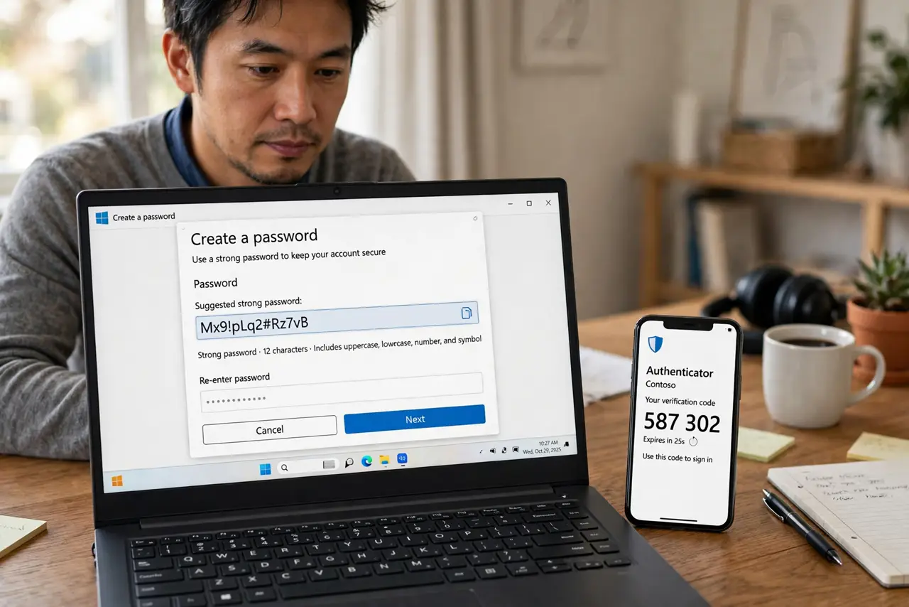A person at a real laptop showing a password field with a legible strong-password suggestion, the person's face thoughtful, a phone with an authentication app beside the laptop,.