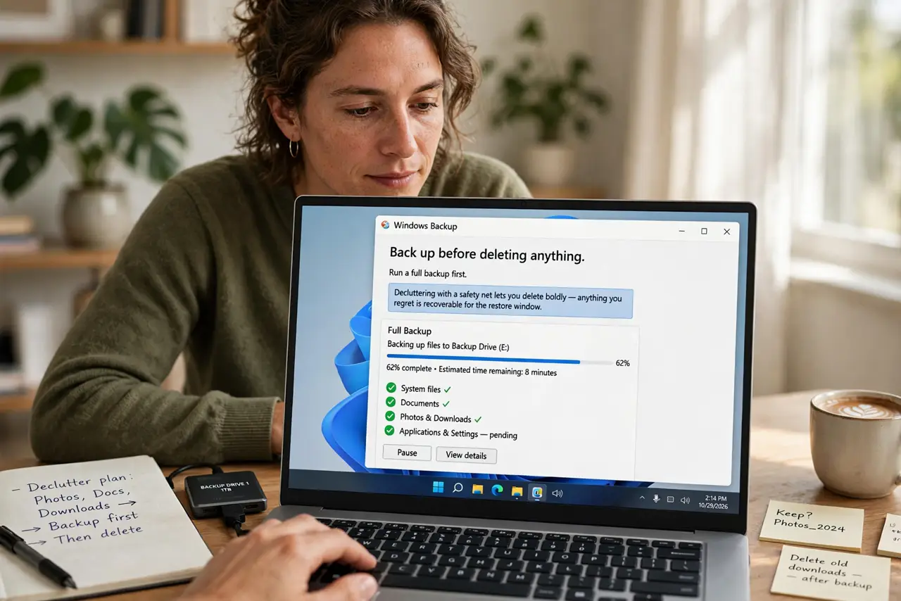 A person performing the first step of the guide: Back up before deleting anything. Run a full backup first. Decluttering with a safety net lets you delete.