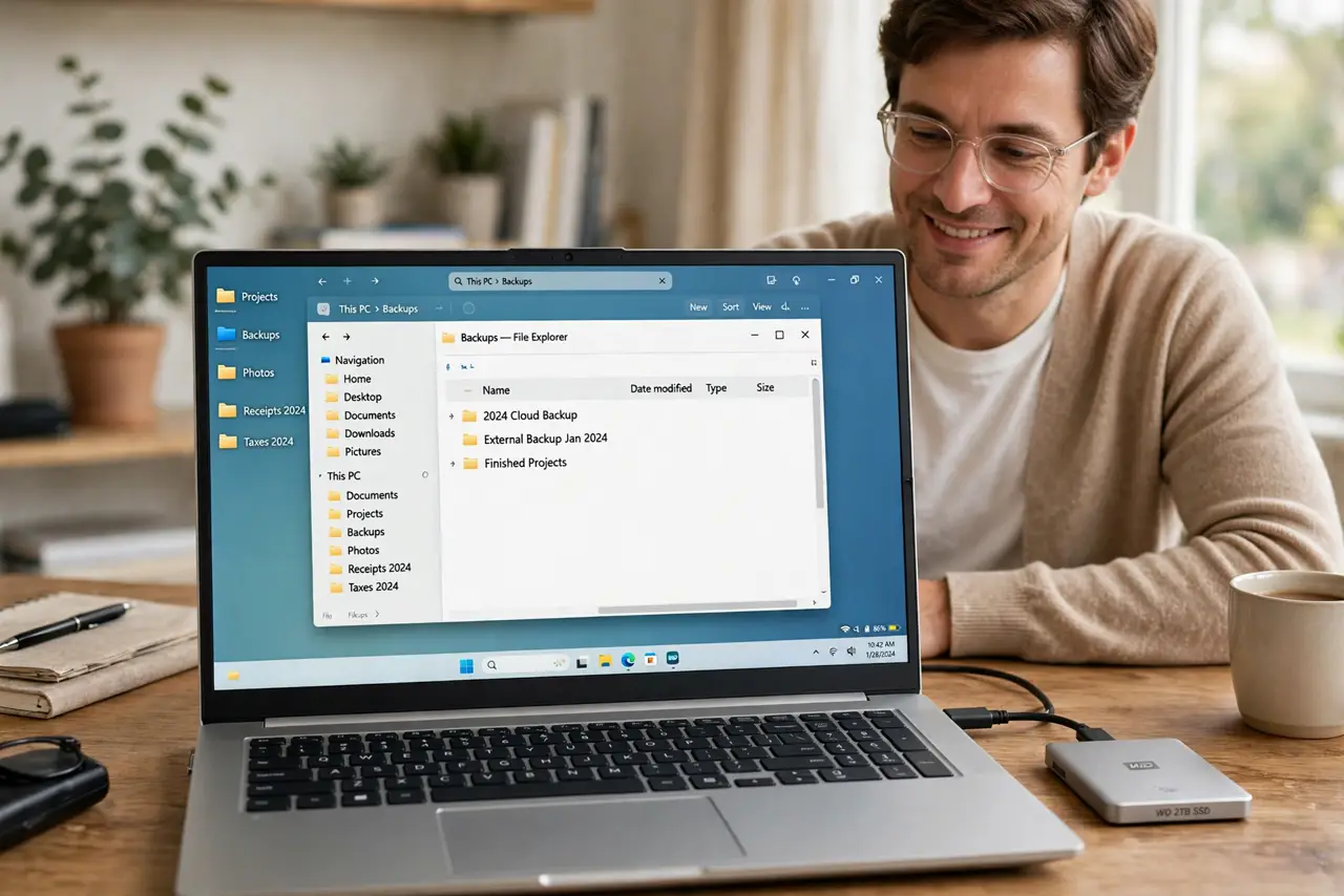 A person looking at a real laptop screen showing a clean empty desktop with a tidy folder structure, an external drive beside it, the person's face.