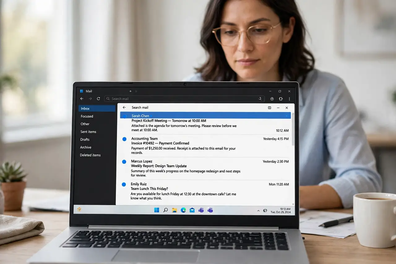 a calm adult at a desk with a real Windows laptop showing an email inbox on the real screen with message rows legible. No black screen, no blank white screen, n